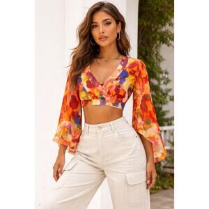 Maeve Anthropologie Crop Blouse Womens 4 Orange Floral Bell Sleeve Open Back Top